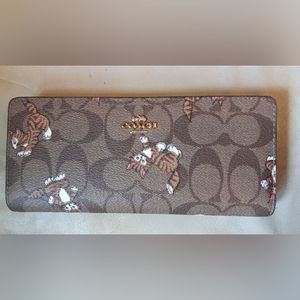 Coach Slim Wallet Signature Canvas Dancing Kitten Print Brown Bifold Clutch NWT
